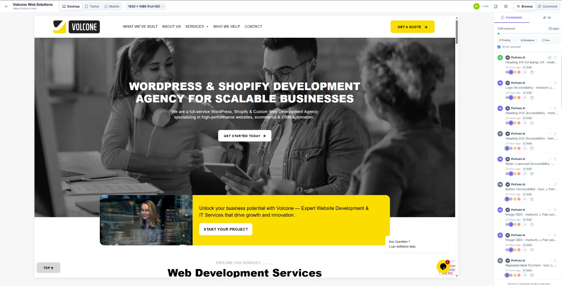 PinPoint in Browse mode showing a live website with the comment sidebar listing open feedback