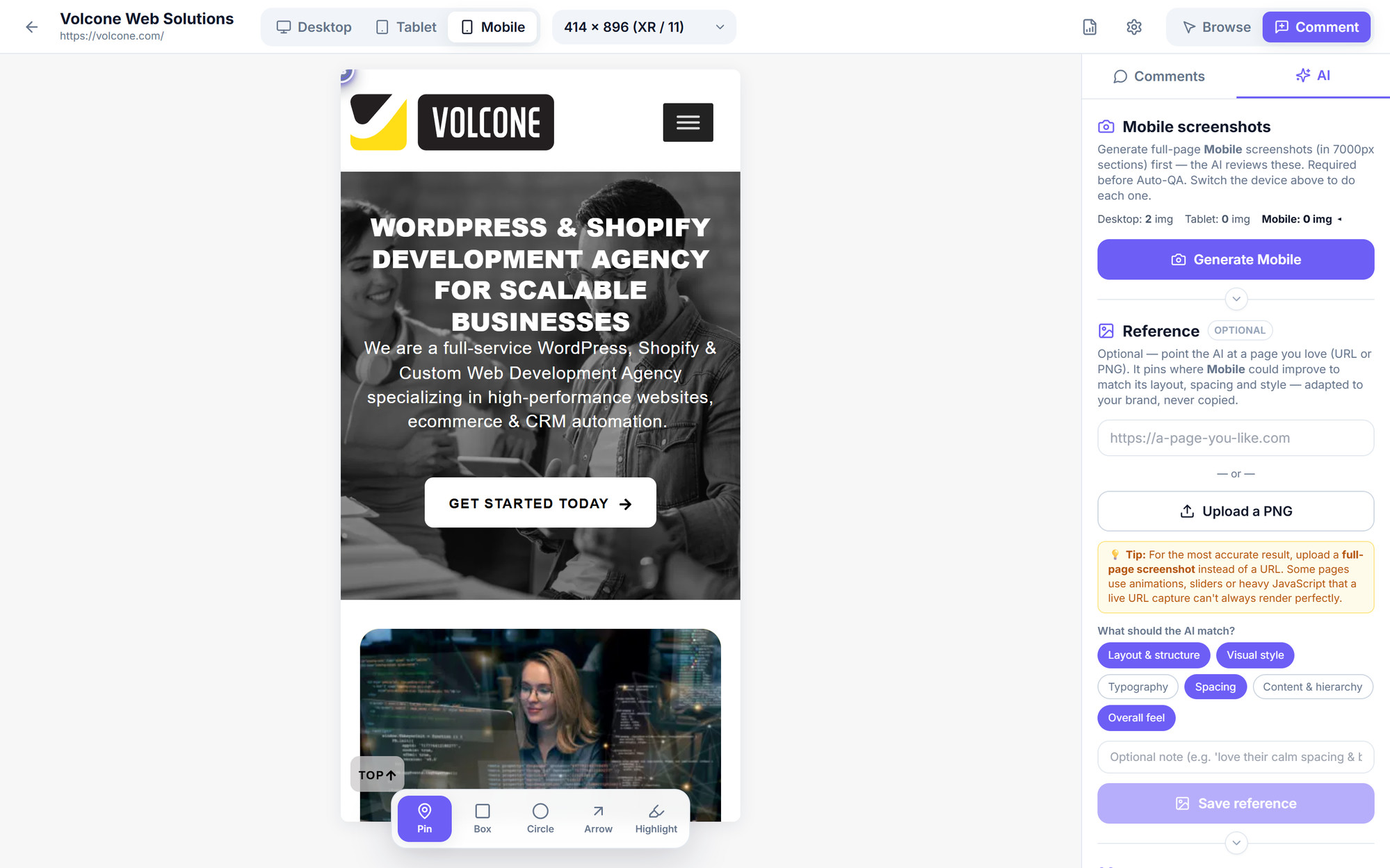 PinPoint reviewing a website at mobile resolution