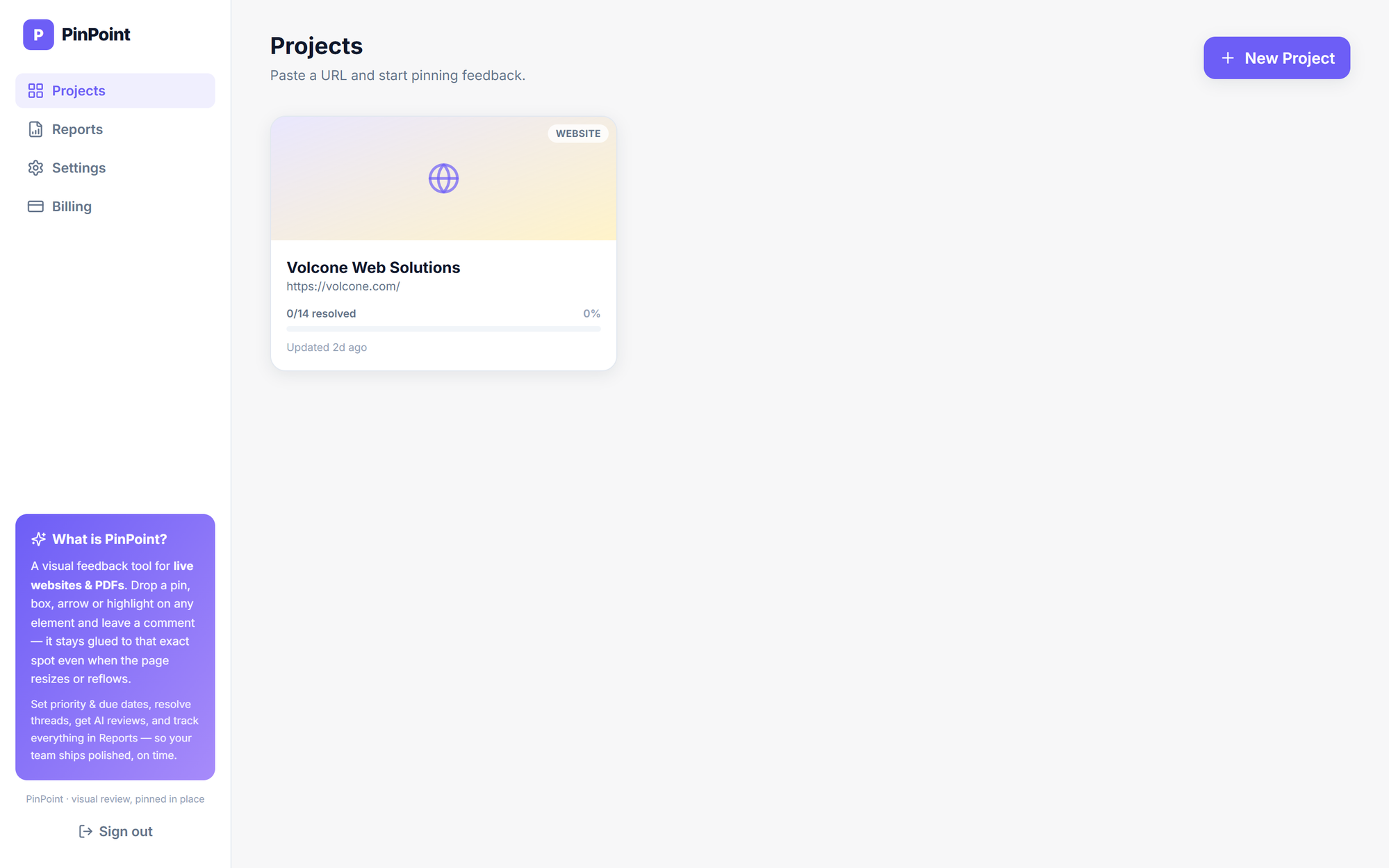 PinPoint dashboard where you create a project from a URL